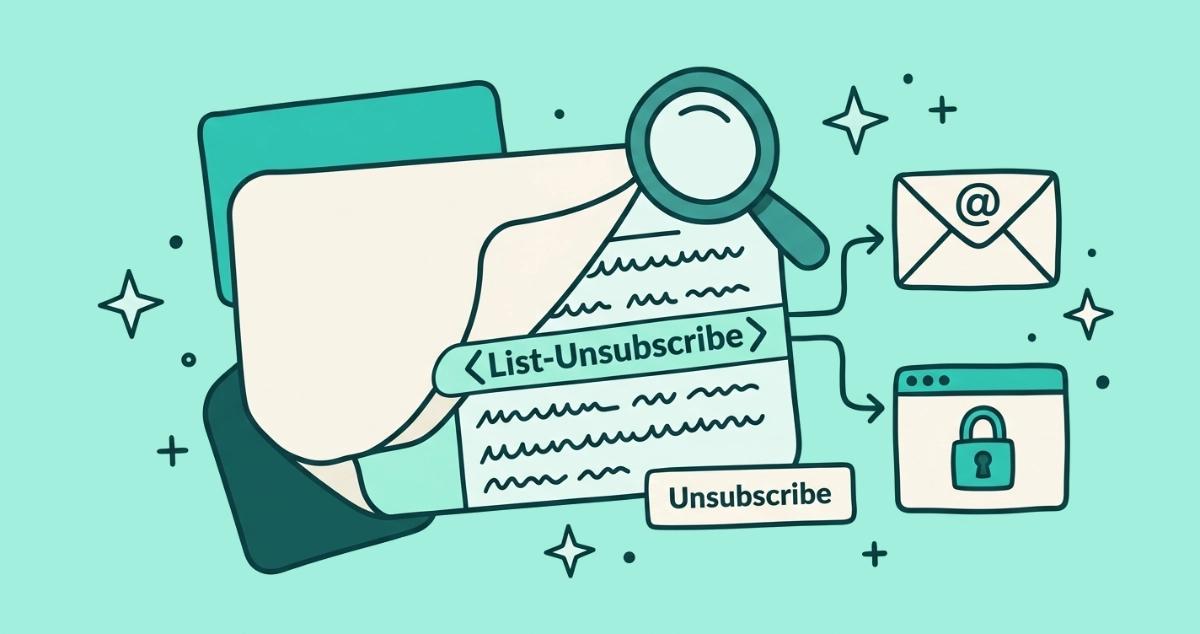 Flat vector illustration of a cream email card peeled back to reveal header lines, one labeled List-Unsubscribe forking into a mailto envelope and a padlocked browser window, with a magnifying glass reading the strip and a small Unsubscribe button beside it.
