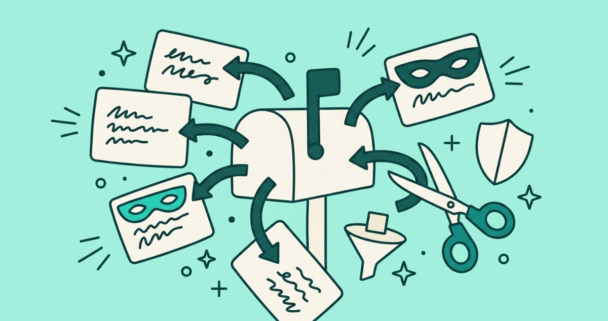 Flat vector illustration of a mailbox ringed by forwarding address labels, one wearing a small mask, with scissors cutting one arrow, a tiny pixel caught in a sieve, and a shield.