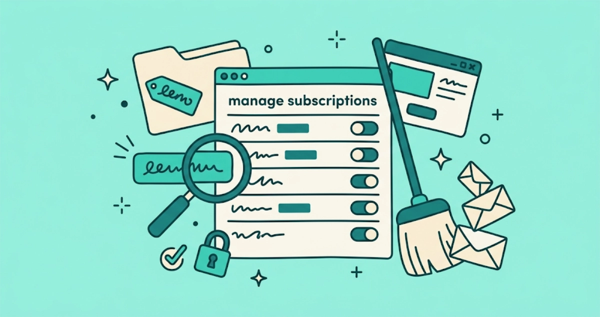 Flat vector illustration of a subscription-list panel with sender rows and unsubscribe toggles flipped off, a broom sweeping a pile of tilted envelopes, a promo-tagged folder, a magnifying glass, and a padlock.