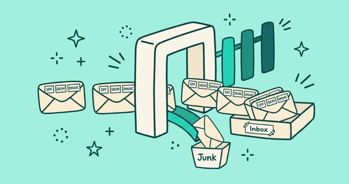 Flat vector illustration of email envelopes stamped SPF, DKIM and DMARC passing through a cream checkpoint gate into an inbox tray, while one unstamped envelope drops down a chute to a Junk bin, with three small gateposts standing in a row.