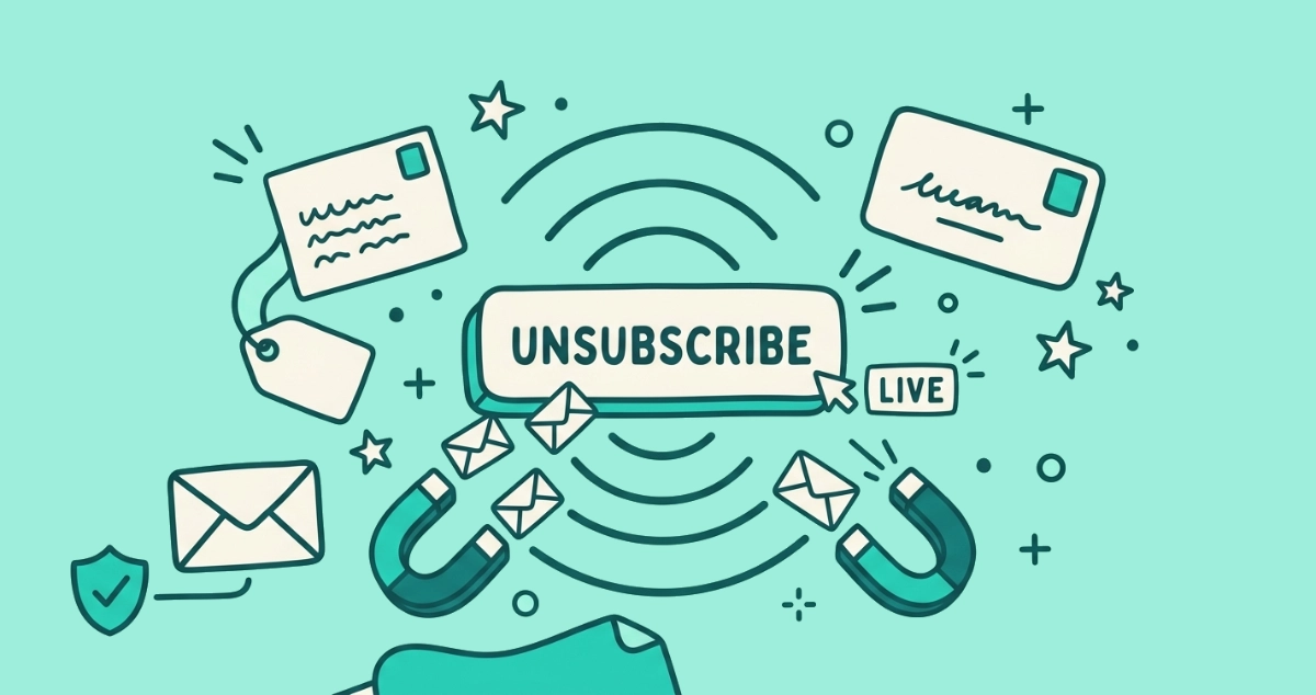 Flat vector illustration of a pressed unsubscribe button radiating signal rings that pull new envelopes inward, beside a lit 'LIVE' tag, a magnet, a price-tagged address card, and one calm envelope on a safe path.