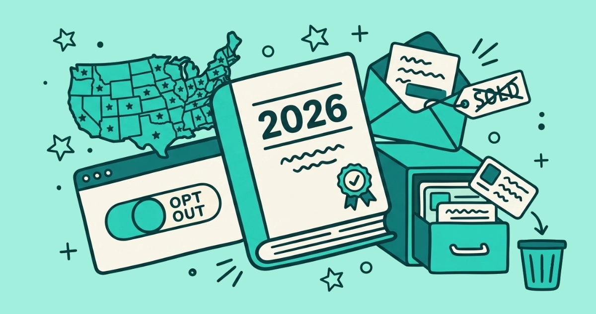 Flat vector illustration of a 2026-stamped law booklet, a star-pinned map tile, an OPT OUT toggle switch, a crossed-out SOLD envelope, and a data-broker filing drawer.