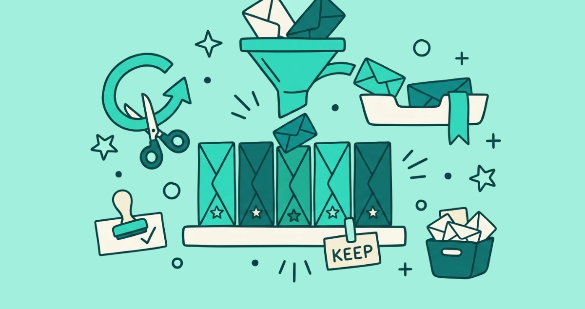 Flat vector illustration of a cream shelf holding five newsletter envelopes upright like slim books, a teal funnel above diverting the overflow into a read-later tray, beside snipping scissors and a KEEP tag.
