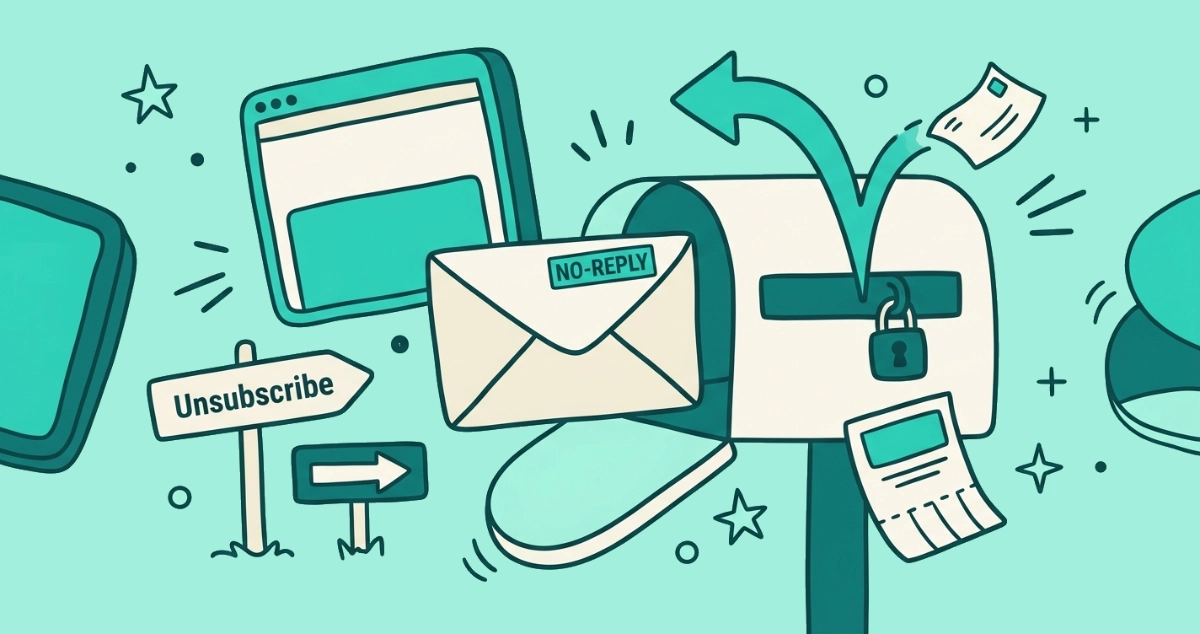Flat vector illustration of a cream NO-REPLY envelope leaving a mailbox with a sealed reply slot, a reply arrow bouncing back, and an Unsubscribe signpost pointing the way out.