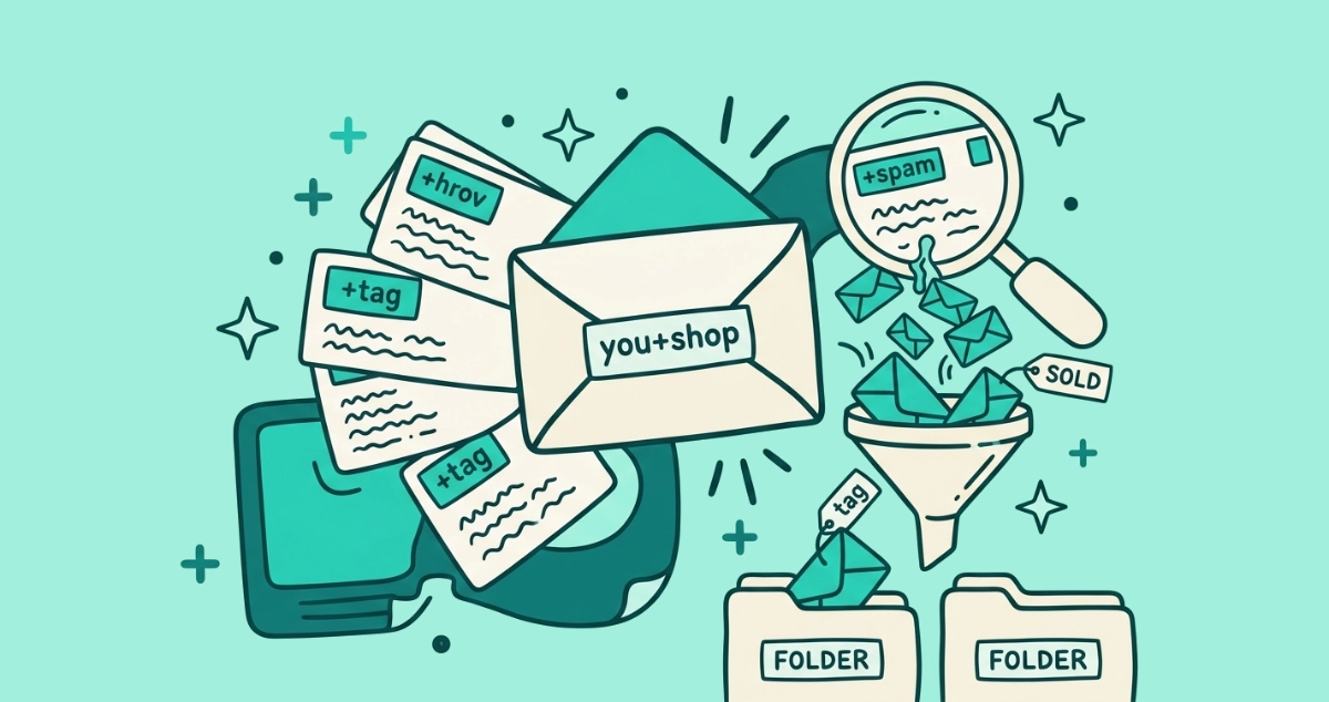 Flat vector illustration of a cream envelope labeled 'you+shop' with tagged address cards fanning out, a magnifying glass over the one card leaking small spam envelopes, a SOLD tag, and a sorting funnel.