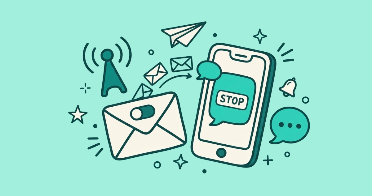 Flat vector illustration of a smartphone showing a chat bubble marked STOP beside a mail envelope with an unsubscribe toggle, small envelopes turning into chat bubbles in the gap between them.