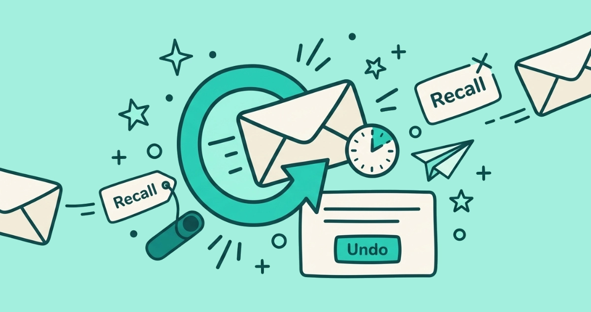 Flat vector illustration of a cream envelope reeled back mid-flight by a looping undo arrow beside a countdown timer, a message card with an Undo button, a second envelope escaping off the frame, and a crossed-out Recall tag.