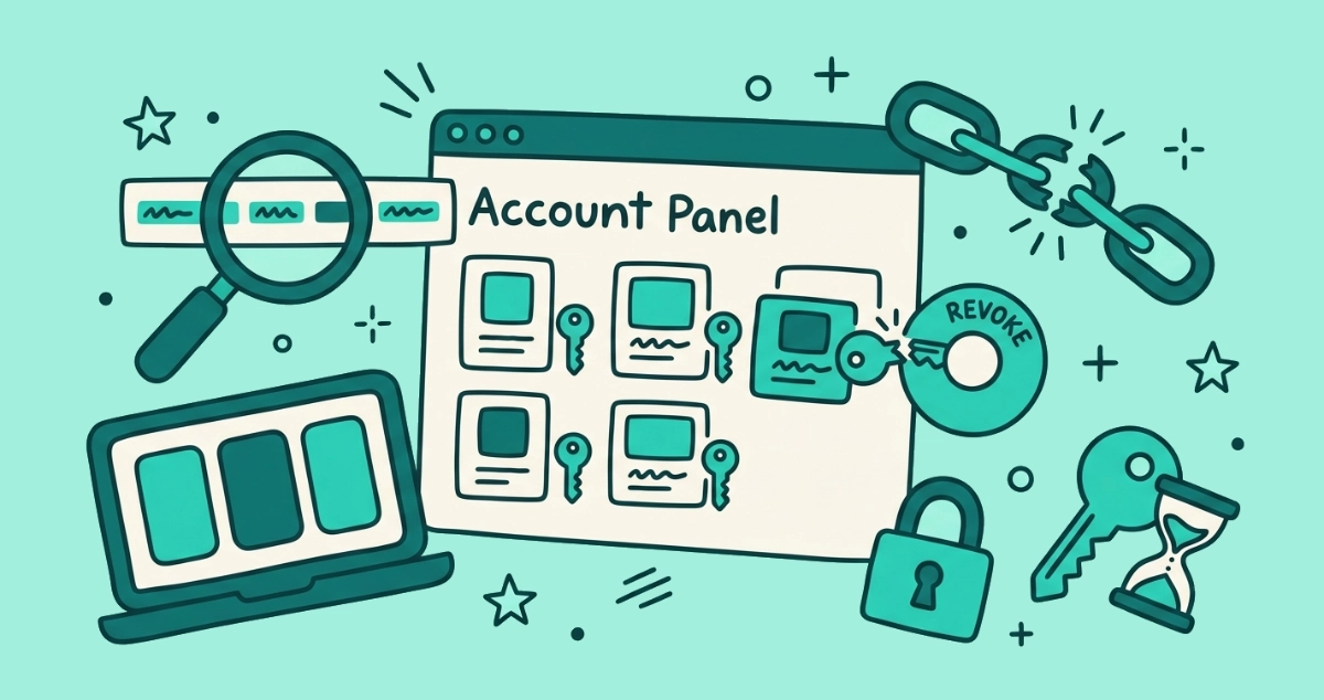 Flat vector illustration of a cream panel of connected-app cards with small keys, one card switched off by a revoke button that snaps its key, beside a magnifying glass and a broken chain link.