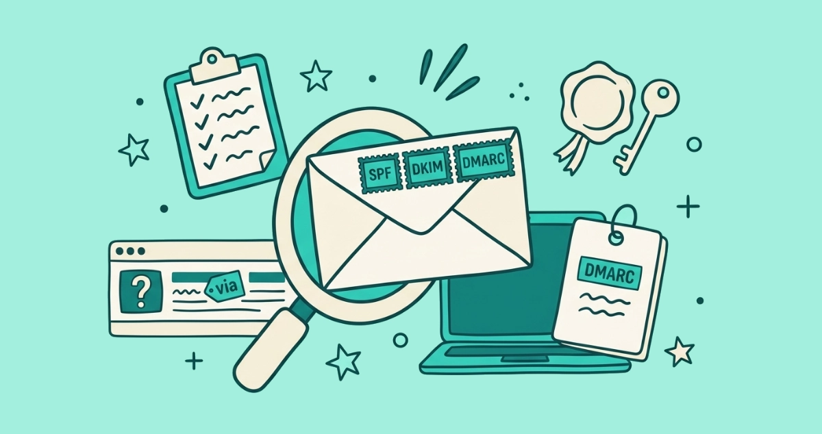 Flat vector illustration of a cream envelope stamped SPF, DKIM and DMARC beside a wax seal, a key, a guest-list clipboard, and an inbox row showing a via tag and a red question-mark badge.