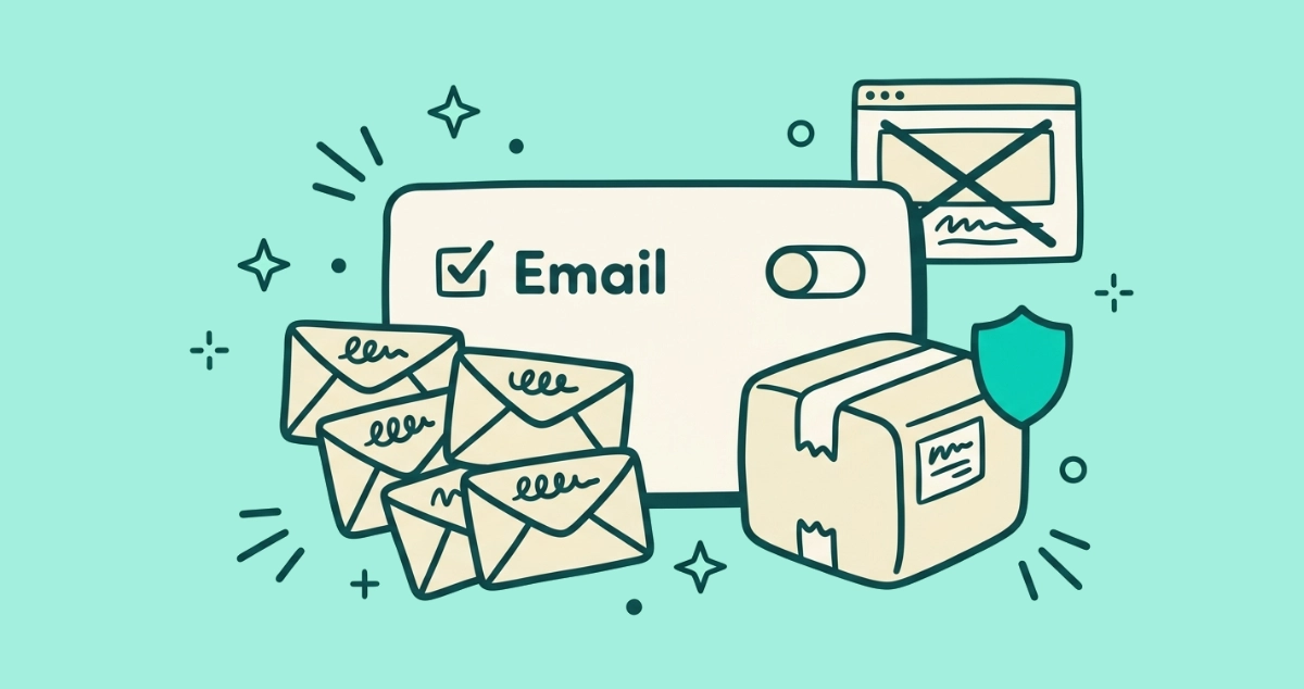 Flat vector illustration of an email-preferences panel with a toggle switched off, a fan of tagged envelopes, an untouched parcel box, and a crossed-out ad frame.
