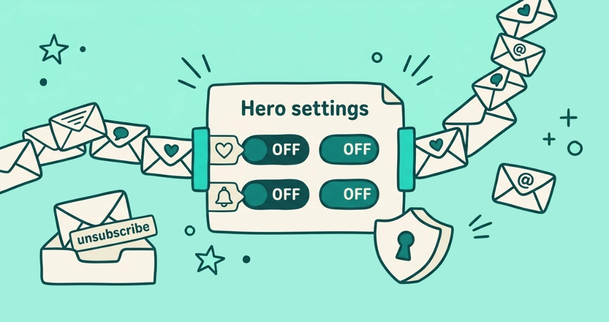 Flat vector illustration of a cream settings panel with two toggle switches flipped off, a stream of notification envelopes stamped with a heart, speech bubble, and bell pinched off at the panel, beside an inbox tray and a small keyhole shield.