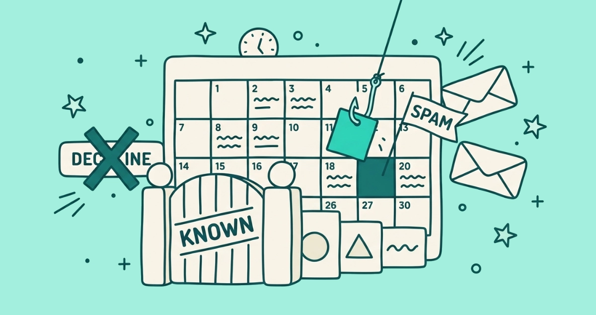 Flat vector illustration of a cream calendar grid with a rogue event tile caught on a fishhook, a gate labeled KNOWN filtering invite cards, a crossed-out DECLINE button, and a SPAM flag.