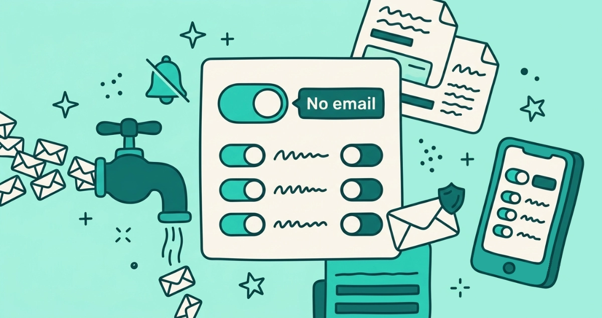 Flat vector illustration of a cream settings card with a large toggle flipped to a No email label, a valve shutting off a stream of notification envelopes, a bell with a slash, a row of category toggles, a phone, and one shield-stamped envelope still getting through.