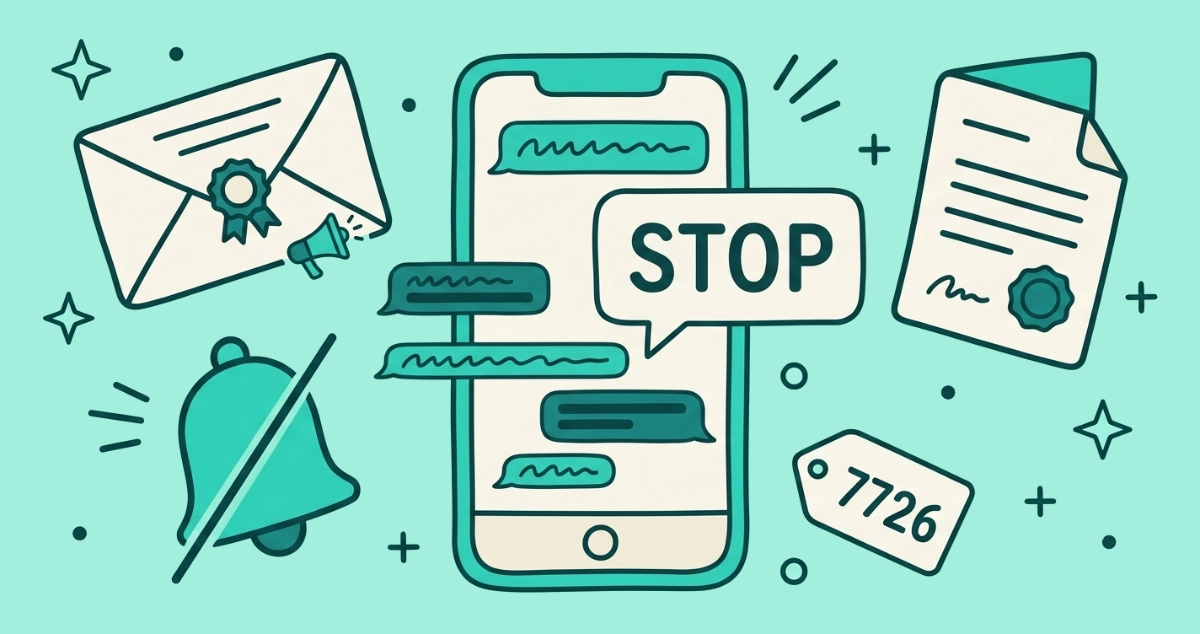 Flat vector illustration of a smartphone sending a STOP reply that silences a stream of campaign message bubbles, beside a rosette-sealed campaign envelope, a muted bell, a stamped legal card, and a 7726 report tag.