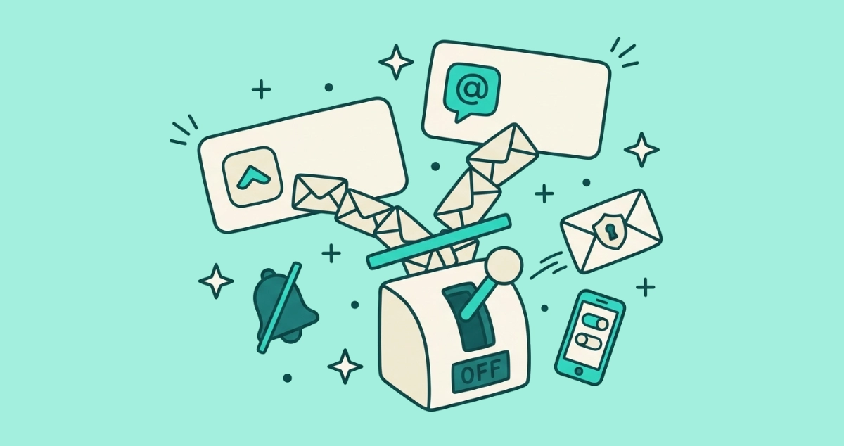 Flat vector illustration of two cream notification cards, one badged with an upvote chevron and one with an @ mention bubble, both feeding envelope streams into a control box whose lever is thrown to OFF, beside a slashed bell and a keyhole-shield envelope.