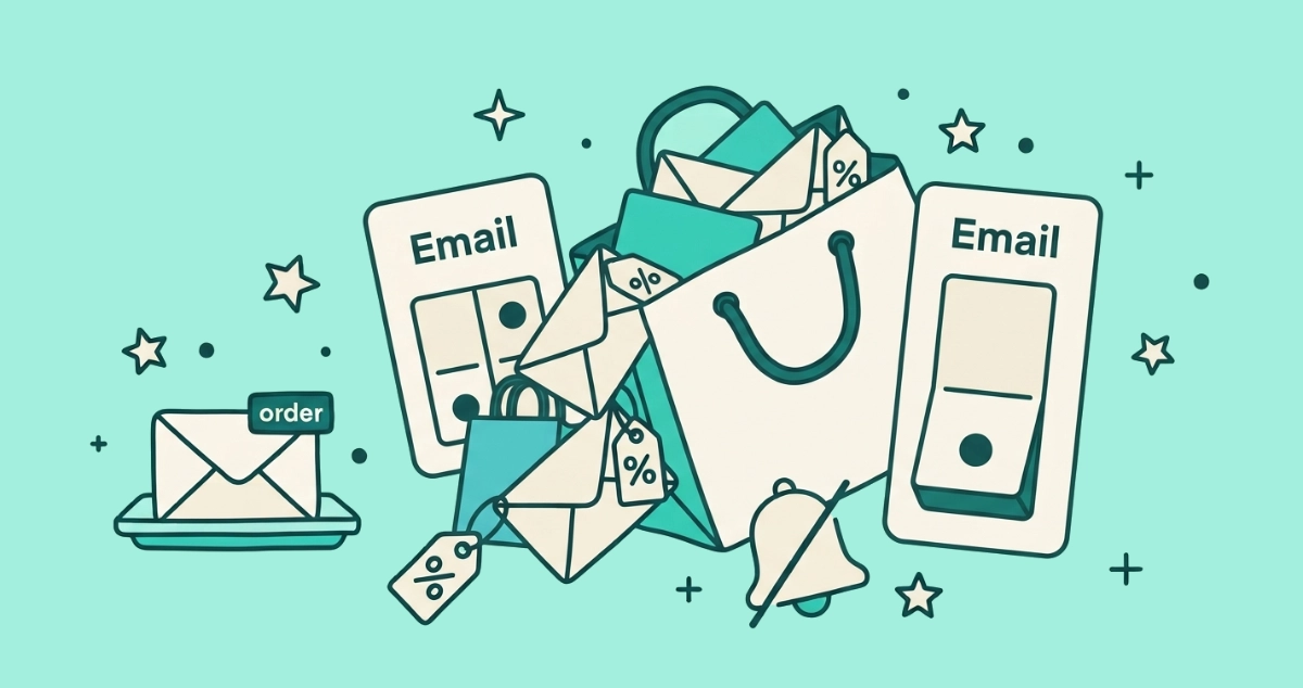 Flat vector illustration of an overstuffed cream shopping bag spilling percent-off sale envelopes, beside a large off toggle labeled Email, a duplicate bag behind it, a slashed notification bell, and one calm order envelope on a separate tray.
