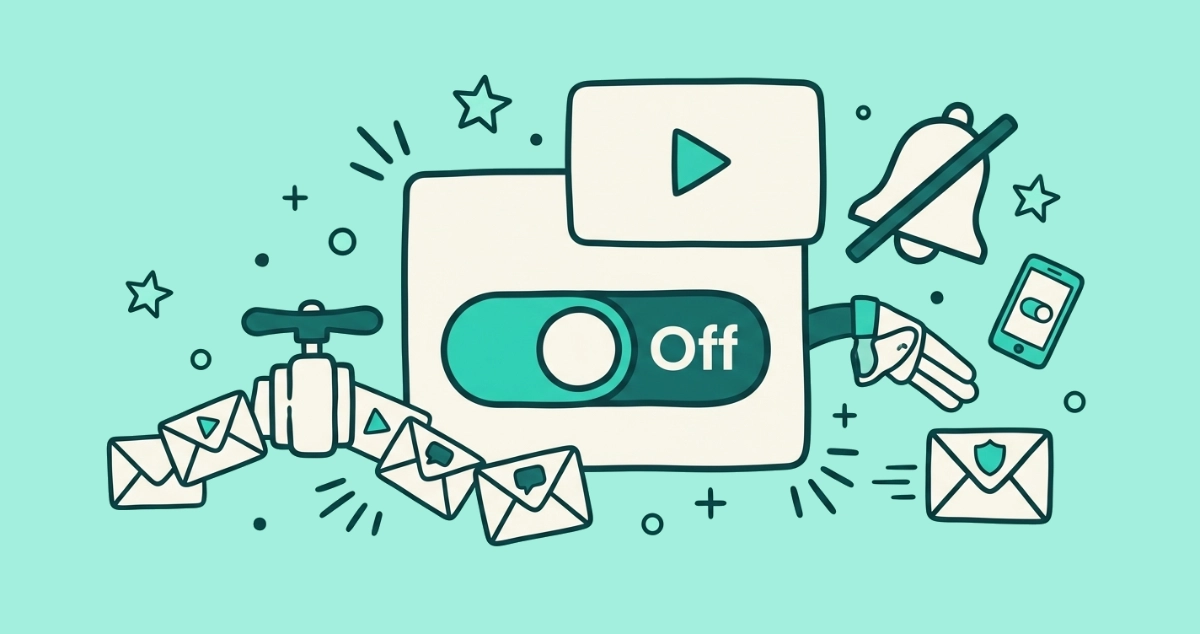 Flat vector illustration of a cream settings card with a large master toggle flipped off, a play-triangle screen, a bell with a slash, a pinched-off stream of envelopes stamped with play triangles and comment bubbles, a phone, and one shield-stamped envelope still getting through.