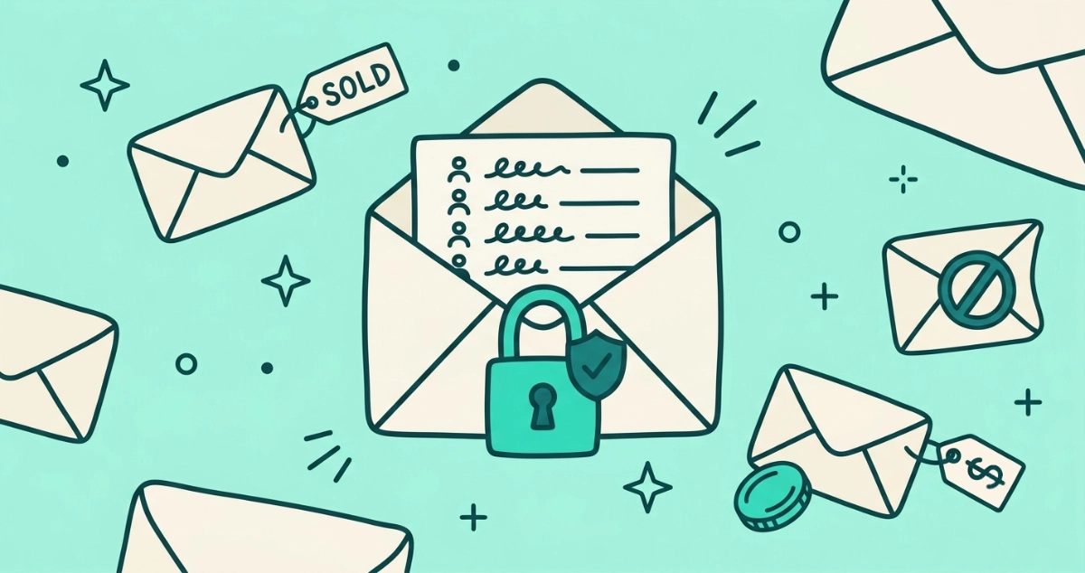 Flat teal vector illustration of a padlocked cream envelope revealing a private list of senders at the center, while smaller envelopes tagged SOLD and marked with dollar signs drift away around it.
