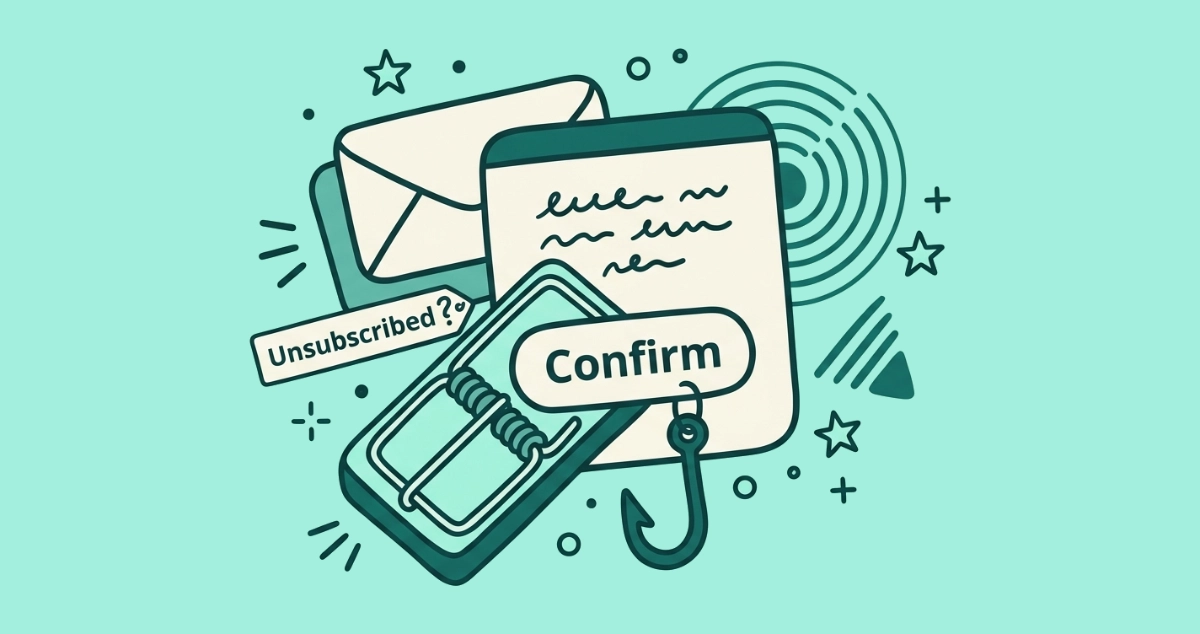 Flat vector illustration of a cream email card whose Confirm button is the sprung jaw of a snap mousetrap, beside an Unsubscribed banner, a radar ping ring, a second stacked envelope, a fishhook, and a caution triangle.