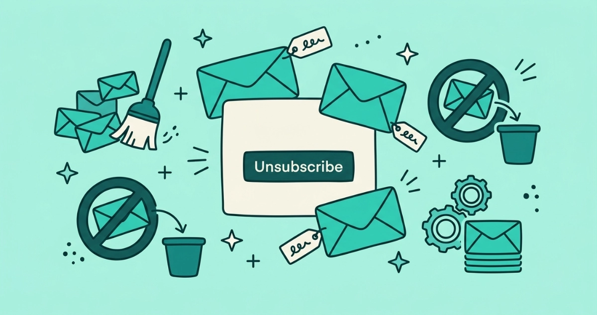 Flat teal illustration of promotional email envelopes floating around a cream message card with an Unsubscribe button, surrounded by a broom, a blocked-sender sign over a bin, and a settings gear beside a stack of envelopes, representing Outlook's different unsubscribe tools.