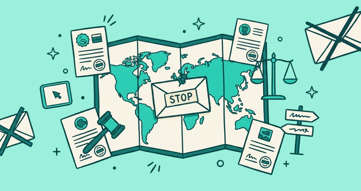 Flat vector illustration of a folded world map with a pinned unsubscribe envelope at its center, ringed by five stamped legal cards, a gavel, and a small scale of justice.