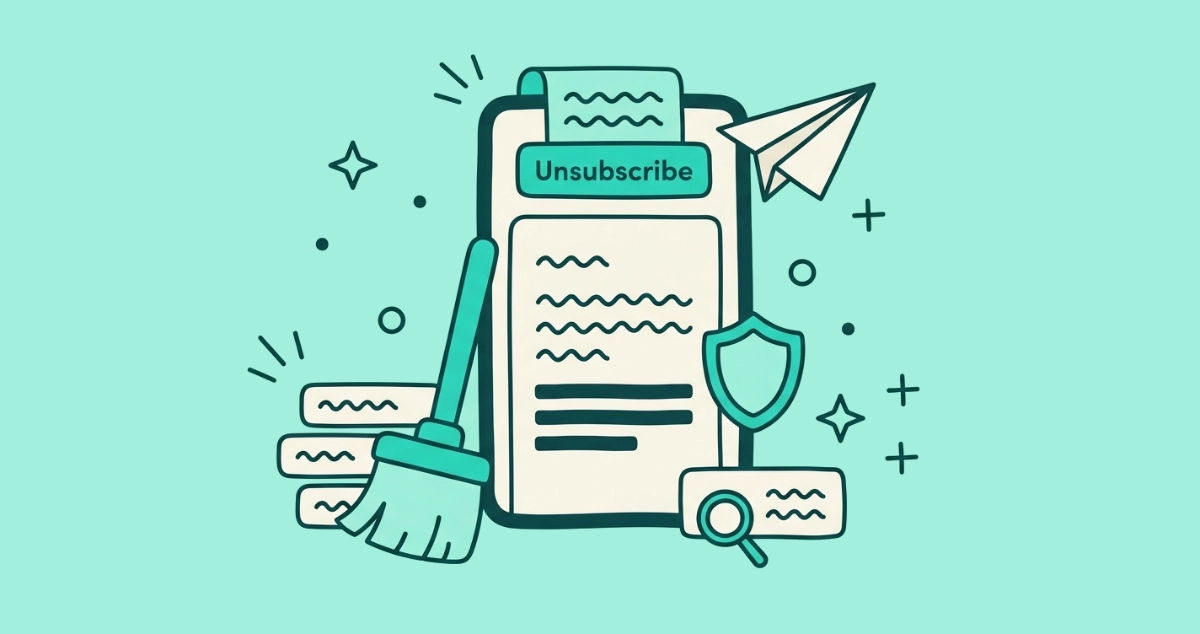 Flat vector illustration of a cream smartphone showing an email with an Unsubscribe banner at its top edge, a small paper plane leaving the screen, a broom sweeping a stack of sender rows, a shield, and a footer tag under a magnifying glass.