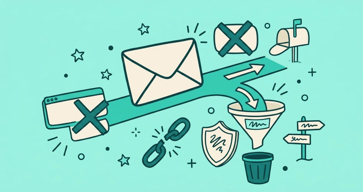 Flat teal illustration of two chunky floating buttons pointing opposite ways — a cream 'Unsubscribe' button with an arrow curving outward to a mailbox, and a teal 'Spam' button with an arrow curving inward to a funnel-shaped inbox filter catching falling envelopes.