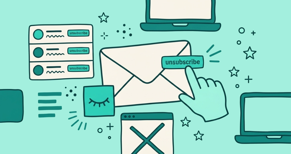 Flat vector illustration of a sealed cream envelope with an unsubscribe tab on its outer edge, a hand tapping it, a dormant closed-eye pixel nearby, and a stacked sender list.
