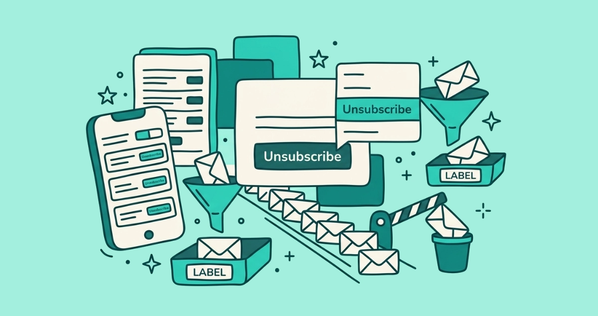 Flat vector illustration of a cream email card with an Unsubscribe button and a pop-up menu, a single-file line of envelopes, a phone list, a funnel, and a lowered block arm.