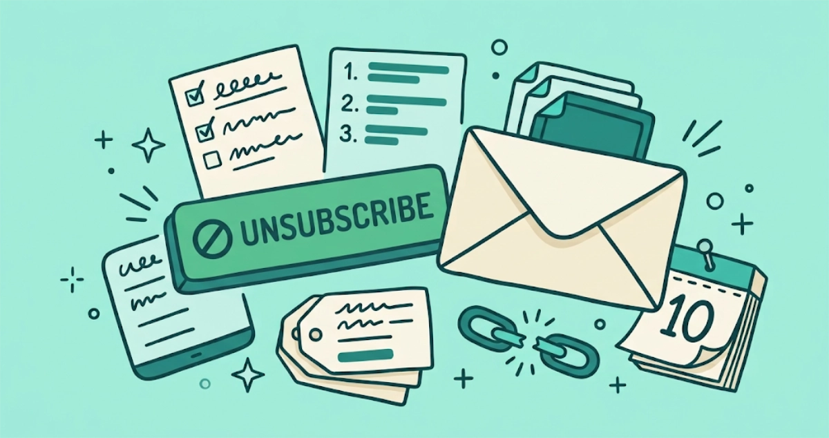 Flat vector illustration of an envelope arriving past a crossed-out unsubscribe button, beside a numbered checklist, a stack of list tags, a snapped chain link, and a calendar pinned at day 10.