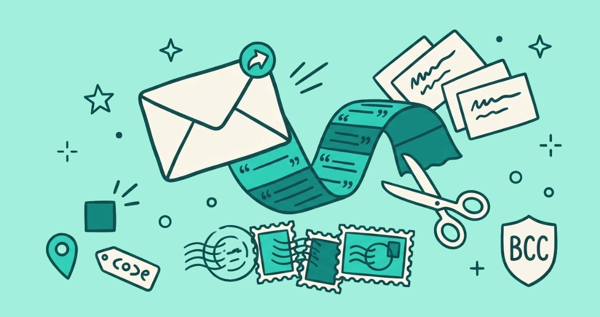 Flat vector illustration of a forwarded cream email trailing a thread tail spilling address cards, beside routing postmarks, a relit pixel square, a location pin, and scissors.