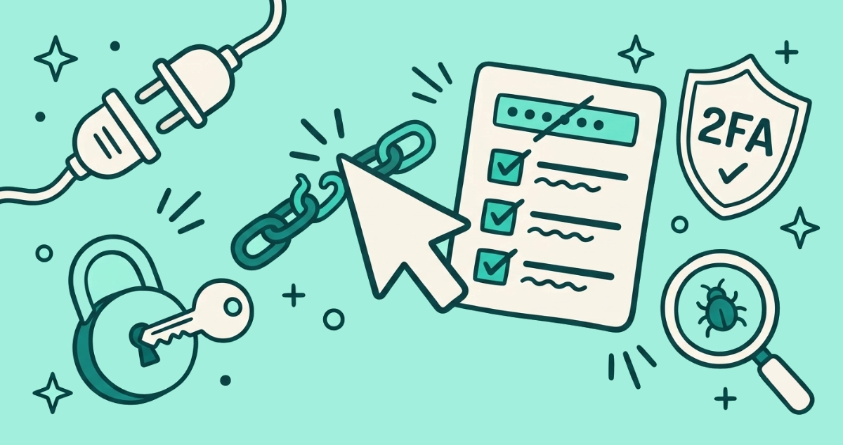 Flat vector illustration of a cursor arrow mid-click on a hooked link, beside a first-response checklist card, an unplugged power plug, a key in a fresh padlock, a 2FA shield, and a magnifying glass over a small bug.