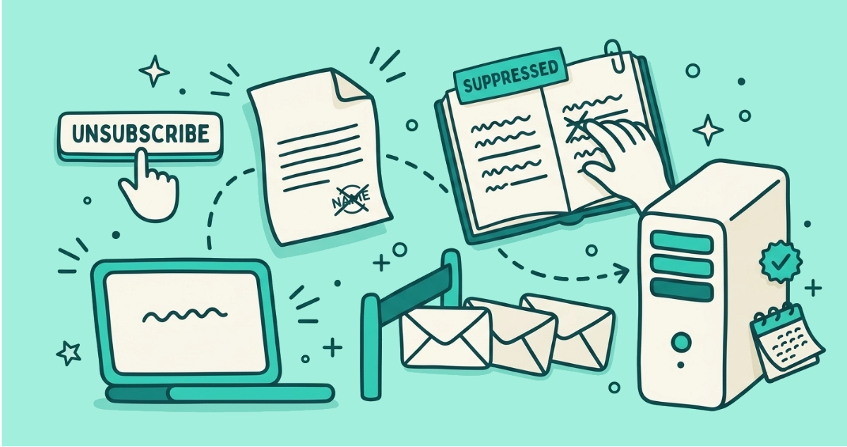 Flat vector illustration of a request slip traveling from an unsubscribe button to a server and a ledger where a name is crossed off, with envelopes held back behind a barrier.
