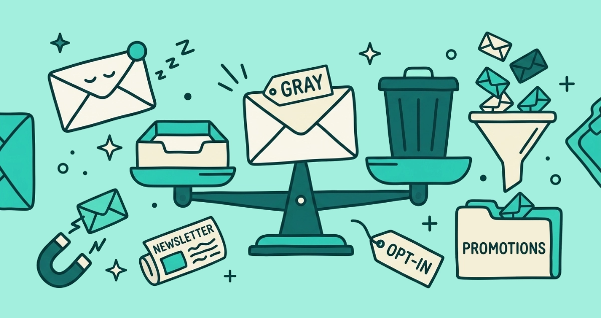 Flat vector illustration of a cream envelope tagged GRAY on a two-pan scale between an inbox tray and a waste bin, beside a funnel sorting envelopes into a Promotions folder tab.