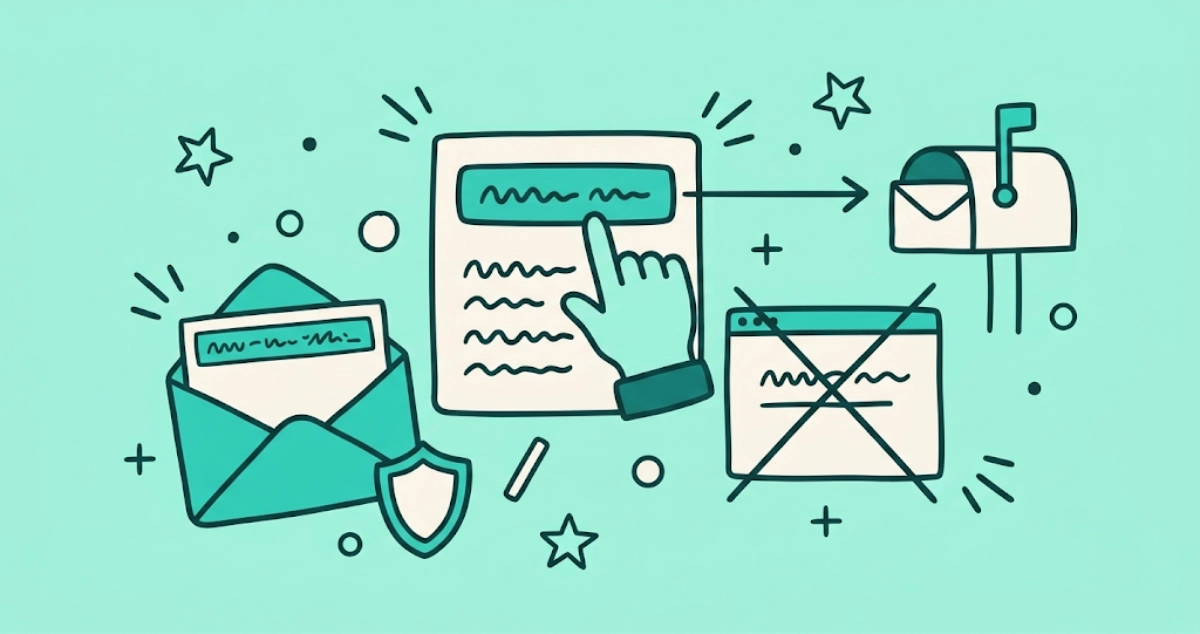 Flat vector illustration of a finger tapping an unsubscribe button on a cream email card, an arrow flying past a crossed-out browser window to a mailbox, with a small shield nearby.
