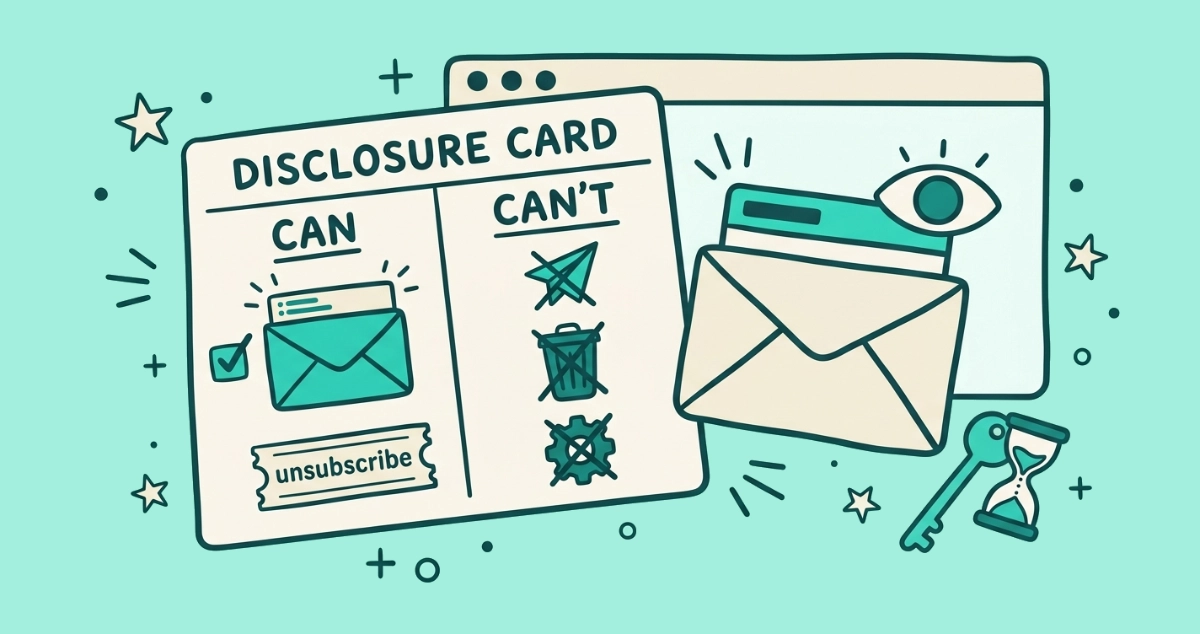 Flat vector illustration of a two-column CAN and CAN'T card, a sealed envelope showing only its address bar, a read-only eye, and a key fused to an hourglass, inside a browser frame.