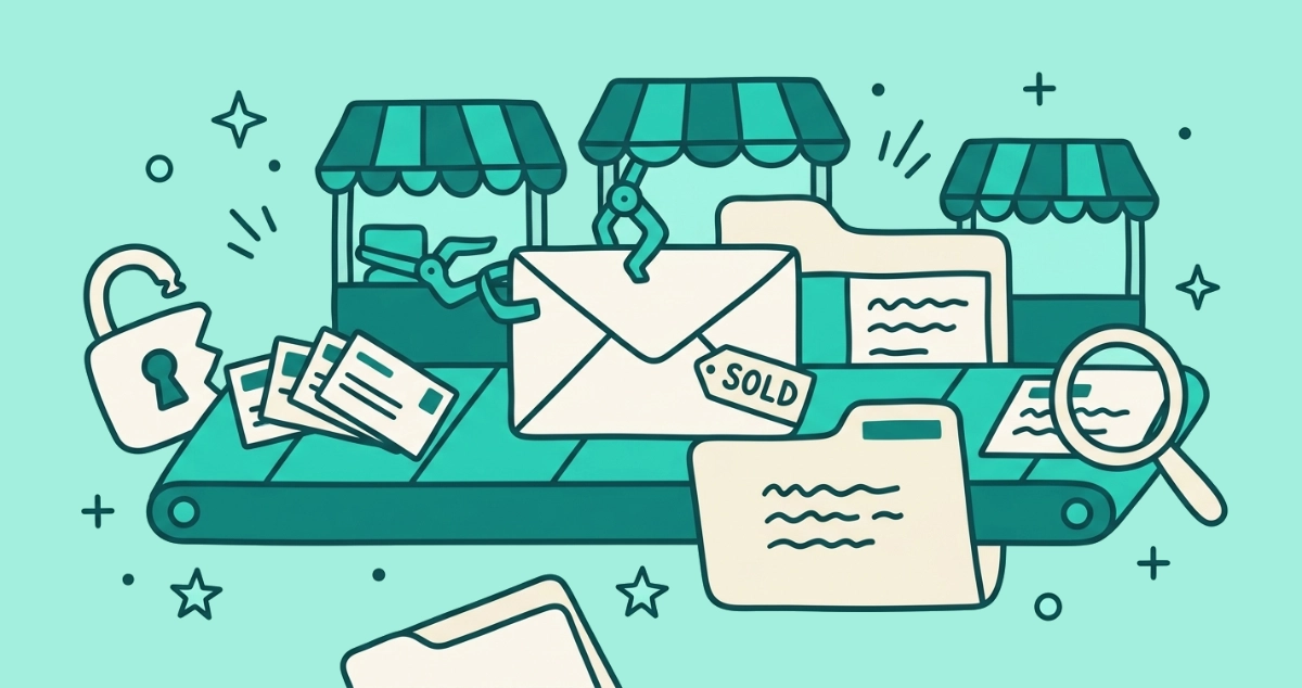 Flat vector illustration of a cream envelope riding a conveyor belt past grabbing market stalls, with a broken padlock spilling address cards, a growing dossier folder, a SOLD tag, and a magnifying glass.
