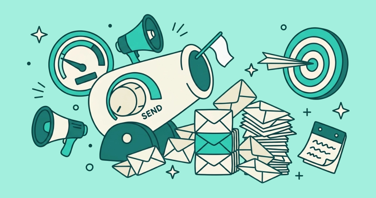 Flat vector illustration of a volume dial marked SEND turned low on a mail-cannon flying a white flag, beside a short stack of three envelopes and a paper plane hitting a target.