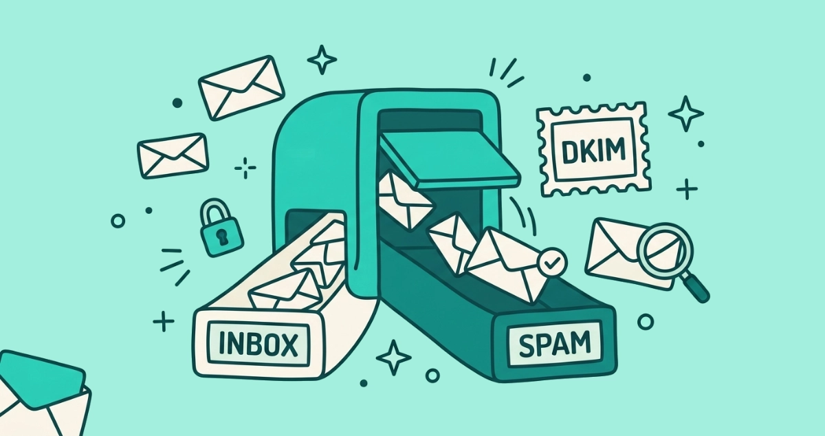 Flat vector illustration of a teal mail-sorting gate splitting cream envelopes into INBOX and SPAM chutes, one checkmarked envelope wrongly falling toward SPAM.