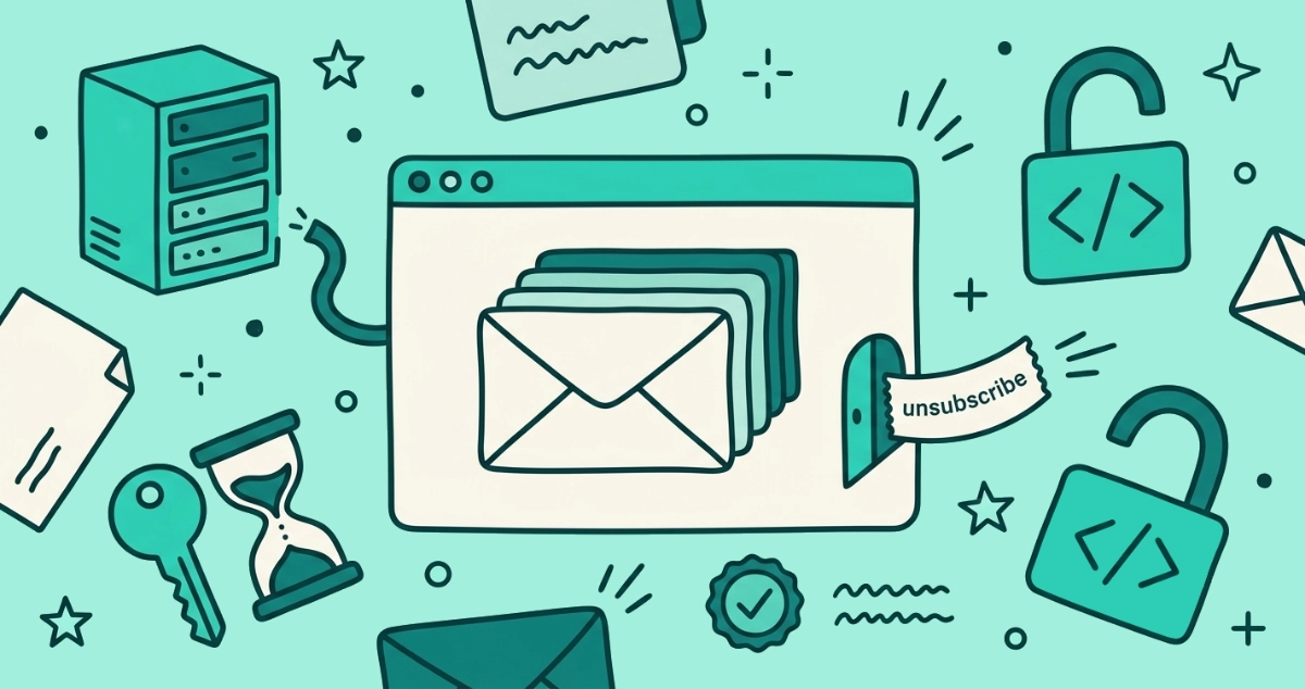 Flat vector illustration of a browser window keeping a stack of letters inside while a small unsubscribe ticket slips out, beside a distant server rack with a severed cable and a key fused to an hourglass.