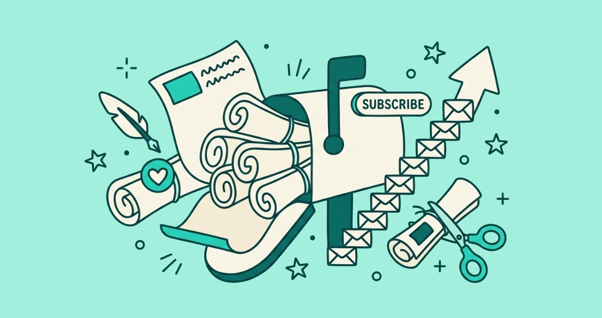 Flat vector illustration of a cream mailbox overflowing with rolled newsletter scrolls, beside a SUBSCRIBE toggle switched on, a rising arrow built from tiny envelopes, a quill pen, a heart badge, and scissors trimming one scroll's string.